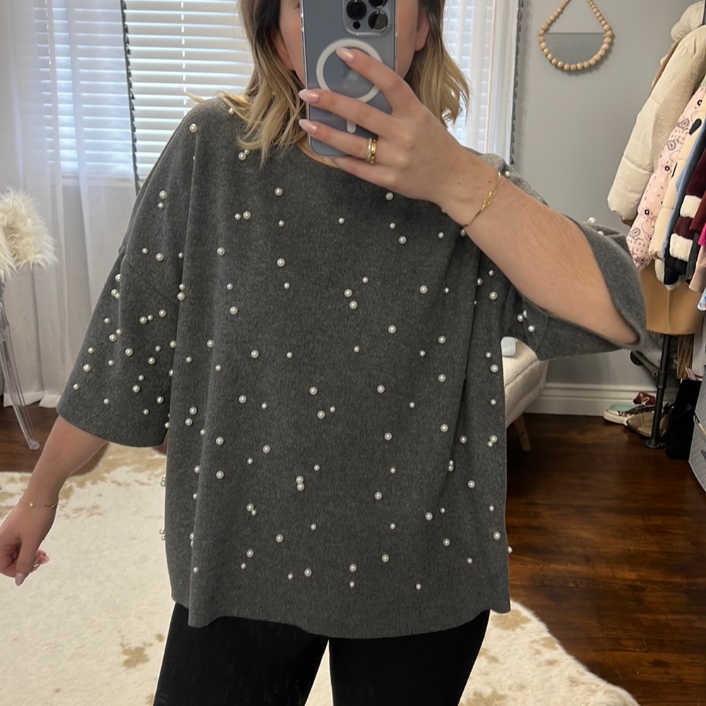 Zara Pearl Thick Knit Short Sleeve Top